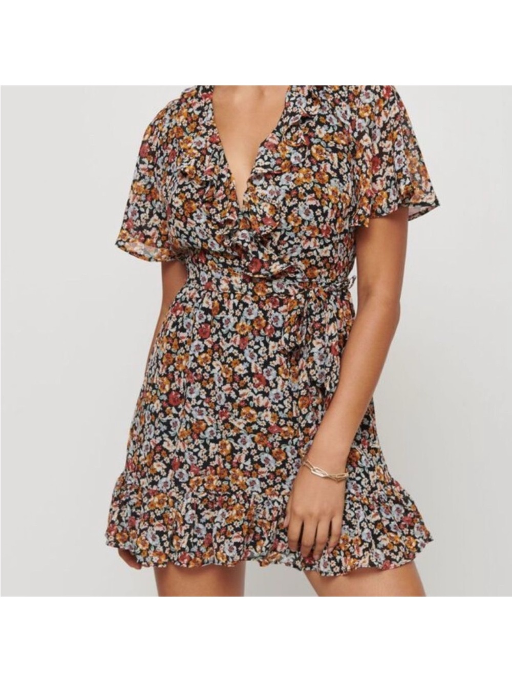 Dynamite Floral Ruffle Wrap Mini Dress Black Multi Size Small Summer Business